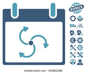 Cyclone Calendar Day icon with bonus settings symbols. Vector illustration style is flat iconic symbols, cyan and blue, white background.