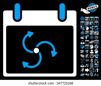 Cyclone Calendar Day icon with bonus calendar and time management pictograph collection. Vector illustration style is flat iconic symbols, blue and white, black background.