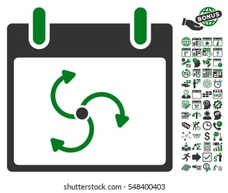 Cyclone Calendar Day icon with bonus calendar and time management clip art. Vector illustration style is flat iconic symbols, green and gray, white background.