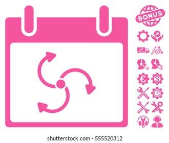 Cyclone Calendar Day icon with bonus tools pictograms. Vector illustration style is flat iconic symbols, pink, white background.