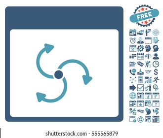 Cyclone Calendar Page icon with bonus calendar and time management pictograms. Vector illustration style is flat iconic symbols, cyan and blue, white background.