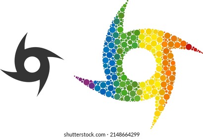 Cyclone collage icon of filled circles in different sizes and spectrum colored color tinges. A dotted LGBT-colored cyclone for lesbians, gays, bisexuals, and transgenders.