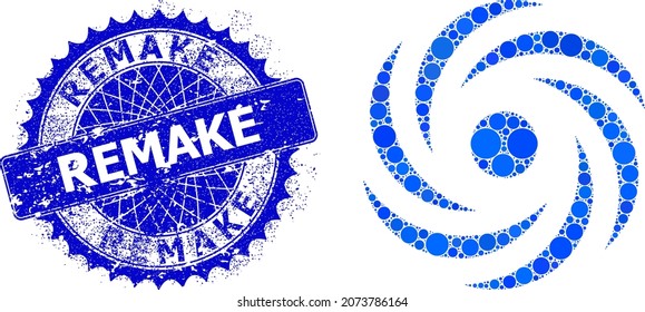 Cyclone rotation vector collage of circle dots in various sizes and blue color tones, and textured Remake stamp seal. Blue round sharp rosette stamp includes Remake text inside.