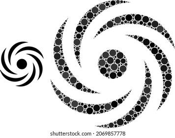 Cyclone rotation vector collage of round dots in different sizes and color tints. Round dots are composed into cyclone rotation vector collage. Abstract vector illustration.
