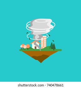 Cyclone scene vector with building trees and wind swirl in turquoise background