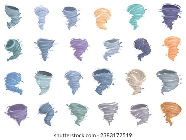 Cyclone twister cloud icons set cartoon vector. Tornado wind effect. Storm swirl air