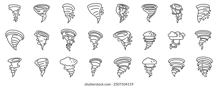 Cyclone twister cloud icons set. Set of simple line art icons representing tornadoes, perfect for illustrating natural disasters or weather phenomena