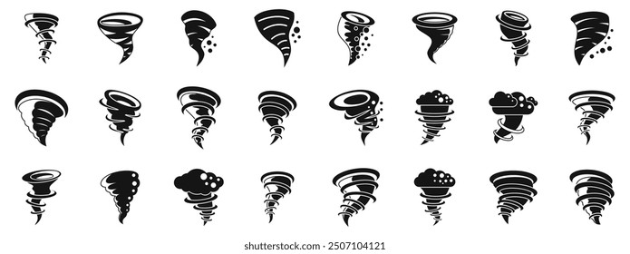 Cyclone twister cloud icons set. Collection of black silhouettes of tornadoes of various shapes, great for meteorology and weather concepts