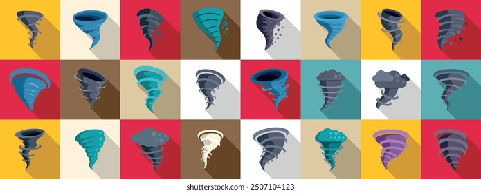 Cyclone twister cloud icons set. Set of various cartoon style whirlwinds rotating with different shapes and colors