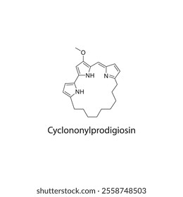 Cyclononylprodigiosin skeletal structure diagram.Prodiginine compound molecule scientific illustration.