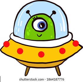 Cyclop in UFO, illustration, vector on white background.