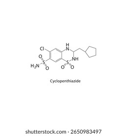 Estructura esquelética de ciclopentiazida. Ilustración esquemática del compuesto diurético. Diagrama simple, fórmula química.