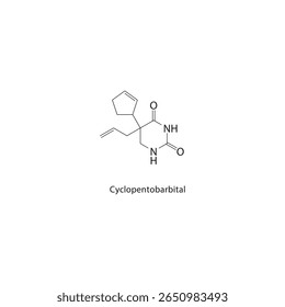 Cyclopentobarbital skeletal structure. Barbiturate compound schematic illustration. Simple diagram, chemical formula.