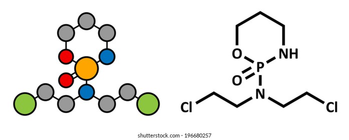 Cyclophosphamide cancer chemotherapy drug, chemical structure. Belongs to nitrogen mustard alkylating agents class of cancer drugs. Conventional skeletal formula and stylized representation.