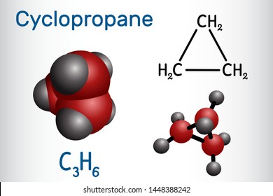 Cyclopropane cycloalkane molecule. It is an inhalation anaesthetic. Structural chemical formula and molecule model. Vector illustration