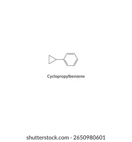 Estrutura esquelética de ciclopropilbenzeno. Ilustração esquemática do composto de hidrocarbonetos aromáticos. Diagrama simples, fórmula química.