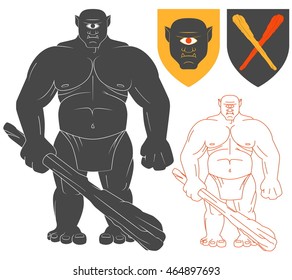 Cyclops with a club Illustration For Heraldry Or Tattoo Design Isolated On White Background. Heraldic Symbols And Elements