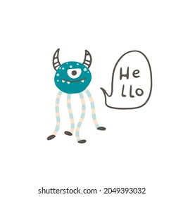 Cyclops monster with horns. He says hello. Cute cartoon character in simple hand drawn scandinavian style. Vector childish doodle illustration. Baby card, print for clothes