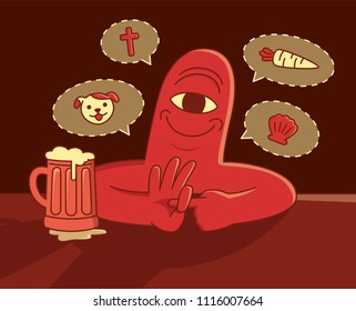 A cyclops is talking on the pub about sexual poses.