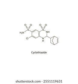 Ciclotiazida estructura molecular esquelética plana Fármaco diurético de tiazida utilizado en hipertensión, tratamiento del edema. Diagrama científico de la Ilustración vectorial.