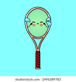 Cying Tennis racquet character. Vector hand drawn cartoon kawaii character illustration icon. Isolated on blue background. Sad Tennis racquet character concept