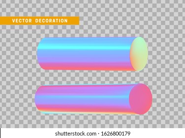 Cylinder 3d objects geometric shape. Set Round timber isolated with colorful hologram chameleon color gradient. vector illustration