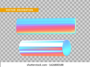 Cylinder 3d objects geometric shape. Set Round timber isolated with colorful hologram chameleon color gradient. vector illustration