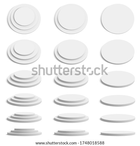Cylinder 3d platform. Realistic round stand stage, empty geometric podium, cylinder presentation platform mockup vector illustration set. Cylinder empty realistic pedestal, geometric presentation