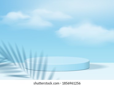 Cylinder abstract 3d scene with leaf sky podium platform. Background sky vector 3d rendering with podium. stand to show cosmetic product in studio. Stage showcase on pedestal 3d studio blue sky podium