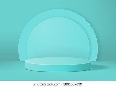 Cylinder abstract minimal scene with geometric platform. Summer background vector 3d rendering with podium. stand to show cosmetic products. Stage Showcase on pedestal modern 3d studio green pastel