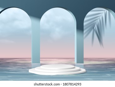 Escena mínima abstracta del cilindro con plataforma geométrica. Representación 3d del vector de fondo de verano con podio. se puede mostrar productos cosméticos. Escenario Mostración en velador moderno 3d estudio cielo azul en el mar