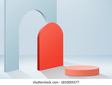 Cylinder abstract minimal scene with geometric platform. Summer background vector 3d rendering with podium. stand to show cosmetic products. Stage Showcase on pedestal modern 3d studio blue pastel