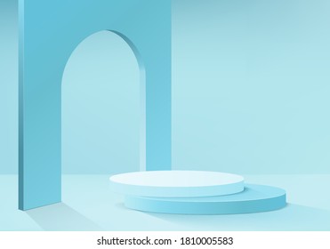 Cylinder abstract minimal scene with geometric platform. Summer background vector 3d rendering with podium. stand to show cosmetic products. Stage Showcase on pedestal modern 3d studio blue pastel