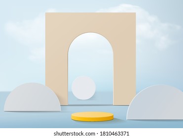 Cylinder abstract minimal scene with geometric platform. Summer background vector 3d rendering with podium. stand to show cosmetic products. Stage summer on pedestal modern 3d studio blue pastel