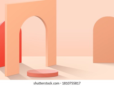 Cylinder abstract minimal scene with geometric platform. Summer background vector 3d rendering with podium. stand to show cosmetic products. Stage Showcase on pedestal modern 3d studio orange color