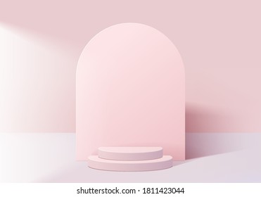 Cylinder abstract minimal scene with geometric platform. Summer background vector 3d rendering with podium. stand to show cosmetic products. Stage Showcase on pedestal modern 3d studio pink pastel