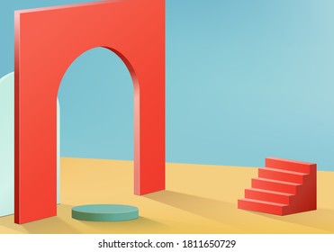 Cylinder abstract minimal scene with geometric platform. Summer background vector 3d rendering with podium. stand to show cosmetic products. Stage Showcase on pedestal modern 3d studio blue and yellow