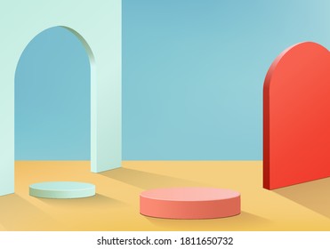 Cylinder abstract minimal scene with geometric platform. Summer background vector 3d rendering with podium. stand to show cosmetic products. Stage Showcase on pedestal modern 3d studio blue and yellow