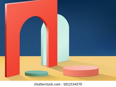 Cylinder abstract minimal scene with geometric platform. Summer background vector 3d rendering with podium. stand to show cosmetic products. Stage Showcase on pedestal modern 3d studio blue and yellow