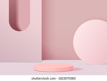 Cylinder abstract minimal scene with geometric platform. stage background vector 3d rendering with podium. stand to show cosmetic products. podium Showcase on pedestal modern 3d studio pink pastel