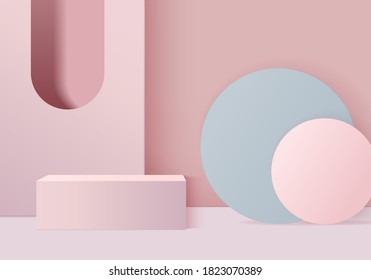 Cylinder abstract minimal scene with geometric platform. stage background vector 3d rendering with podium. stand to show cosmetic products. podium Showcase on pedestal modern 3d studio pink pastel