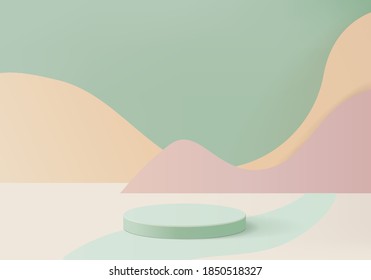 Cylinder abstract minimal scene with geometric platform. Summer background vector 3d rendering with podium. Cylinder to show cosmetic products. Stage showcase on pedestal modern 3d studio green pastel