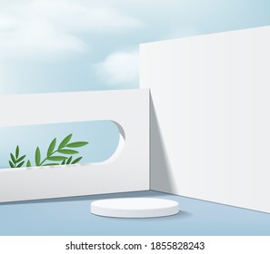 Cylinder abstract minimal scene with geometric platform. Summer cloud background vector 3d rendering with podium. stand to show cosmetic products. Stage Showcase on pedestal modern 3d studio blue sky