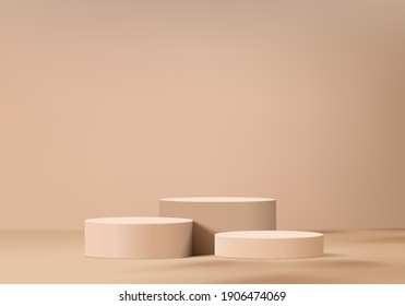 Cylinder abstract minimal scene with geometric platform. brown background vector 3d rendering with podium. stand to show cosmetic products. Stage showcase on pedestal modern 3d studio beige pastel