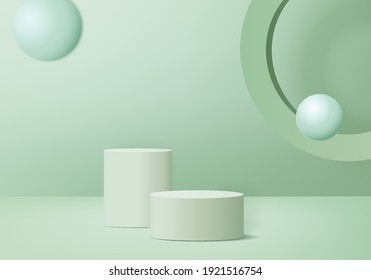 Cylinder abstract minimal scene with geometric platform. Summer background vector 3d rendering with podium. stand to show cosmetic products. Stage showcase on pedestal modern 3d studio green pastel