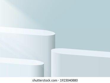 Cylinder abstract minimal scene with geometric platform. Summer background vector 3d rendering with podium. stand to show cosmetic products. Stage showcase on pedestal modern 3d studio blue pastel