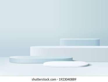 Cylinder abstract minimal scene with geometric platform. Summer background vector 3d rendering with podium. stand to show cosmetic products. Stage showcase on pedestal modern 3d studio blue pastel