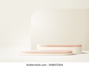 Cylinder abstract minimal scene with geometric platform. Summer background vector 3d rendering with podium. stand to show cosmetic products. Stage showcase on pedestal modern 3d studio beige pastel