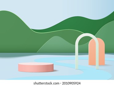 Cylinder abstract minimal scene with geometric platform. Summer background vector 3d rendering with podium. stand to show cosmetic products. Stage showcase on pedestal modern 3d studio green pastel