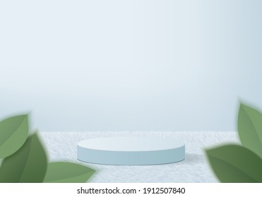 Cylinder abstract minimal scene with leaf geometric platform. Summer background vector 3d rendering with podium. stand to show cosmetic product. Stage showcase on pedestal modern 3d studio blue pastel